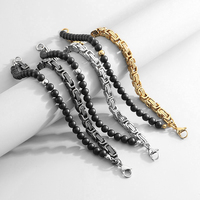 Bracelet en acier inoxydable double couche fait main, style rétro DIY, pour homme, chaîne impériale punk, agate, style géométrique, perles en titane
