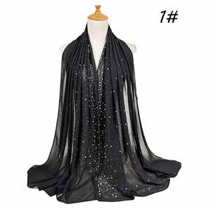 Foulard en mousseline de soie uni pour femme, orné de strass et de perles, style musulman tendance - Product Image 2