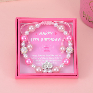 <b>Heart</b> Shaped Pearl Beaded Bracelet Imitation Pearl Women's Jewelry Gift for 13th Birthday Pink and Silver Tone - Product Image 4