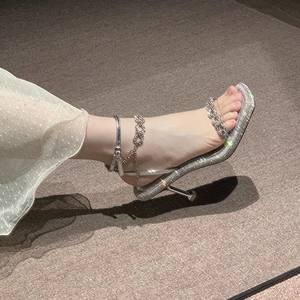 Zapatos de Tacón Fino con Pedrería Plateada, Cierre de Hebilla, Punta Abierta, Estilo Coreano, 6 cm, Parte Superior de PU, Suela de Goma, para Mujer, Uso Diario de Verano - Product Image 2