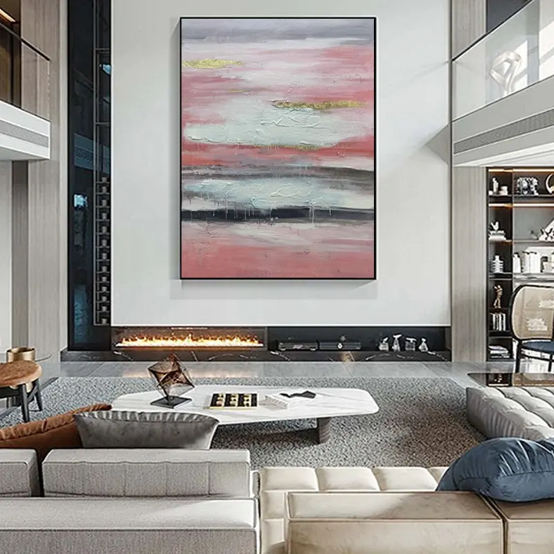 Modern Abstract Canvas Paintings Wall Art Customize Handmade Oil Pink Gold Foil Painting on Canvas Artworks for Hotel