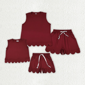 Wholesale Girls <b>Maroon</b> Scallop Trim Sleeveless <b>Top</b> Shorts Set Casual Summer Outfits Matching Family Style - Product Image 1