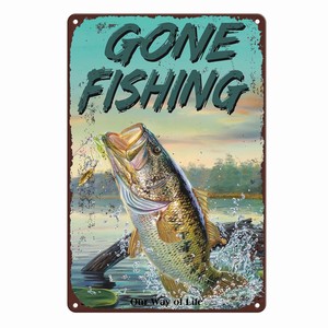 ป้ายตกแต่งผนังโลหะอาร์ตเดโคแบบกำหนดเอง Gone Fishing สำหรับบ้านริมทะเลสาบ ห้องแมนเคฟ ทันสมัย พิมพ์ UV ข้อความและรูปภาพตามสั่ง - Product Image 1
