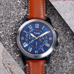 Montre chronographe de luxe pour hommes Fossill FS4835, boîtier en acier inoxydable étanche 50M, bracelet en cuir bleu, vente en gros - Product Image 4