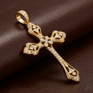 CUSTOM SILVER 10K/14K/18K GOLD PLATED LAB GROWN CVD DIAMOND CLASSIC ENGAGEMENT GIFT SWEATER <b>CHAIN</b> NECKLACE <b>CROSS</b> PENDANT VS - Product Image 3