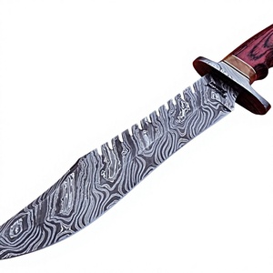 Couteau à lame fixe en acier Damas forgé à la main, bord partiellement dentelé, manche en bois rouge, couteaux de camping en plein air - Product Image 1
