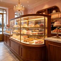 Comptoir de présentation lumineux LED incurvé multifonctionnel haut de gamme en verre, aluminium et MDF pour magasin de détail, boulangerie, café, pâtisserie