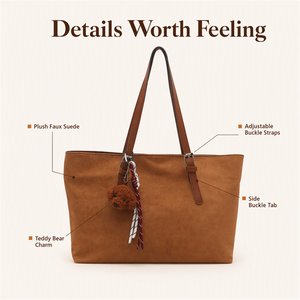 Vintage braune PU-Leder-Tragetasche mit trendiger Wildleder-Textur, Schulterhandtasche, Bären-Charm, Reißverschluss, individuelles Logo - Product Image 2