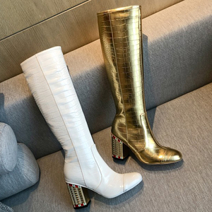 Botas de tacón grueso doradas de lujo para mujer, botas altas hasta la rodilla con punta cuadrada y tacones delicados para dama - Product Image 3
