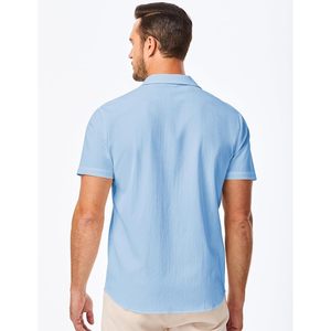 FOXA Men's Casual Short Sleeve Button <b>Down</b> Shirt Textured Cotton Poplin Breathable Vacation Shirt With Pocket Summer Beach - Product Image 2