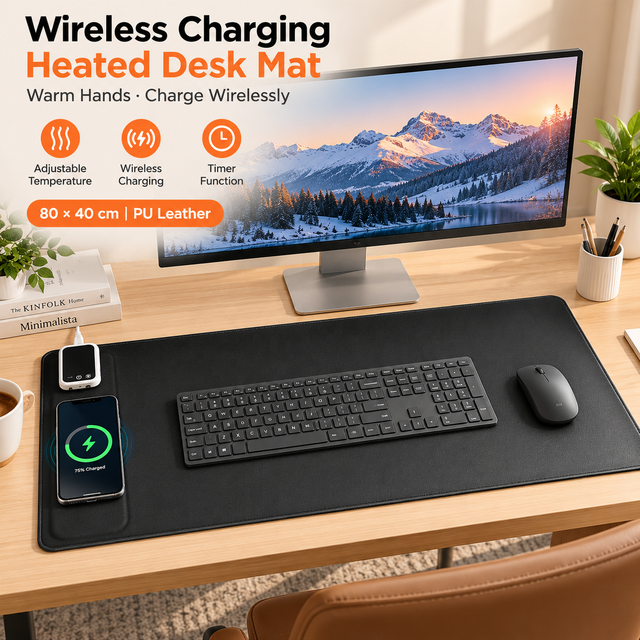 Wireless Charging Heated Desk Mat 80x40cm PU Leather Desk Pad with Adjustable Temperature & Timer for Home Office