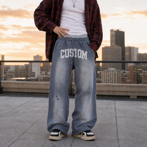 Pantalon de jogging décontracté pour homme, style automne, avec broderie personnalisée, double taille élastiquée, effet usé et déchiré, délavage acide - Product Image 5