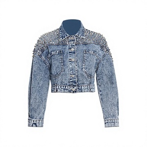 Chaqueta vaquera de mezclilla para mujer, manga larga, con botones, informal, azul, disponible con etiqueta privada personalizada, servicios OEM - Product Image 1
