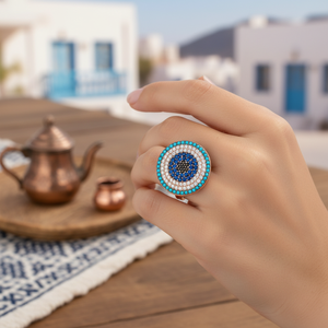 Turquesa forma redonda símbolo de ojo turco anillo de racimo tradicional venta al por mayor hecho a mano 925 joyería de plata esterlina - Product Image 3