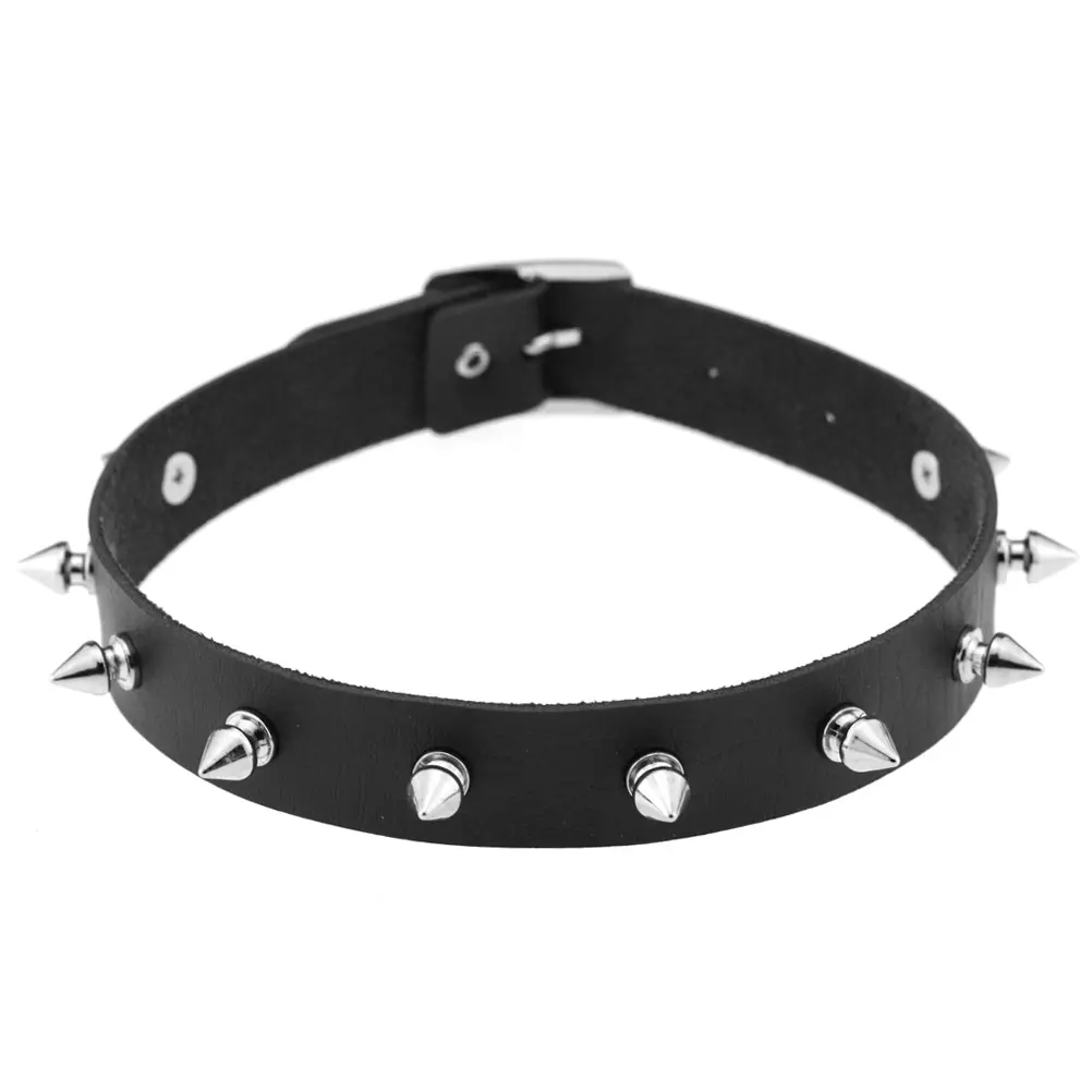 Punk Gothic Black Spikes Rivets Cone PU Leather Womens Man Choker Collar Necklace