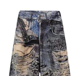 กางเกงยีนส์ผ้าฝ้ายลายกราฟฟิตีสไตล์เรโทรสำหรับผู้ชาย ลุคไฮสตรีท เหมาะสำหรับแฟชั่นสตรีทแวร์ Y2K และแฟชั่นลำลอง - Product Image 3