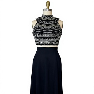 <b>Women's</b> Sequined Halter Crop <b>Tank</b> <b>Top</b> <b>Black</b> Floral Sleeveless Embroidered Lace Knit Blouse Front Logo Sexy & Club - Product Image 1