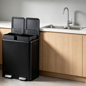 60L 16Gal Large <strong>Two</strong> <strong>Compartment</strong> Durable Recycling <strong>Bin</strong> <strong>with</strong> Foot Pedal Stainless Steel Trash Can for Kitchen Outdoor - Product Image 1