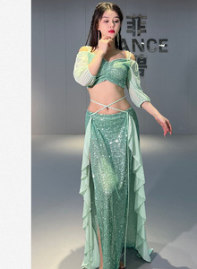 Ensemble de costumes professionnels avec haut à manches longues et jupe à paillettes brillantes pour la <span class=keywords><strong>danse</strong></span> <span class=keywords><strong>orientale</strong></span> - Product Image 2