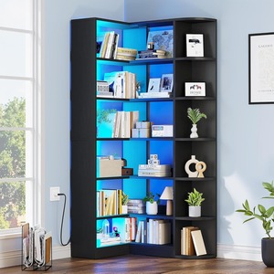 Hot Selling 6 Tier Black Mdf Hoek Boekenplank Led Licht Moderne L-Vormige Opslag Display Plank Voor Home Office Houten Paneel Stijl