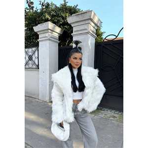 เสื้อแจ็คเก็ตขนเฟอร์สีขาวตกแต่งสไตล์วินเทจ ปิดกระดุมเม็ดเดียว ผ้าเดนิมยาวพิมพ์ลายขนมิงค์และขนฟ็อกซ์ ย้อมสี บุด้วยใยฝ้าย - Product Image 6