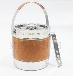 Cubo de Hielo de Acero Inoxidable Plateado Brillante de Primera Calidad con Asa de Cuero y Pinzas para Hielo, Enfriador de Vino de Doble Pared para Bar en Casa - Product Image 5