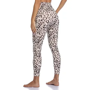 ALFA 7/8 Length Seamless Women's Leopard High Waisted Yoga Pants Leggings With Pockets