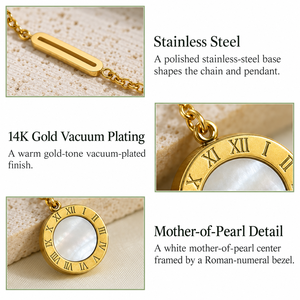 สร้อยคอจี้ทรงโรมัน สแตนเลสสตีล ชุบทอง 14K แบบสุญญากาศ ประดับมุกขาวตรงกลาง - Product Image 3