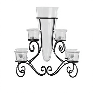 Black Wrought Iron Candle <b>Holder</b> with <b>Glass</b> Vase and 4 <b>Glass</b> Cups Scroll Candelabra for Home Decor - Product Image 1