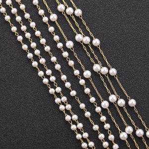 Chaîne en acier titane avec perles imitation blanches, perles rondes plaquées or 18 carats pour collier, bracelet, artisanat et décoration DIY - Product Image 1