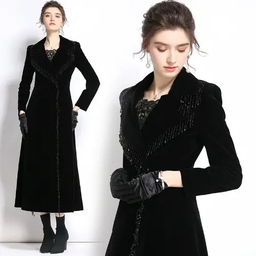 2022 Fall Winter New Bodycon Velvet Foreign Style Black Black Long Winter Coat For Women