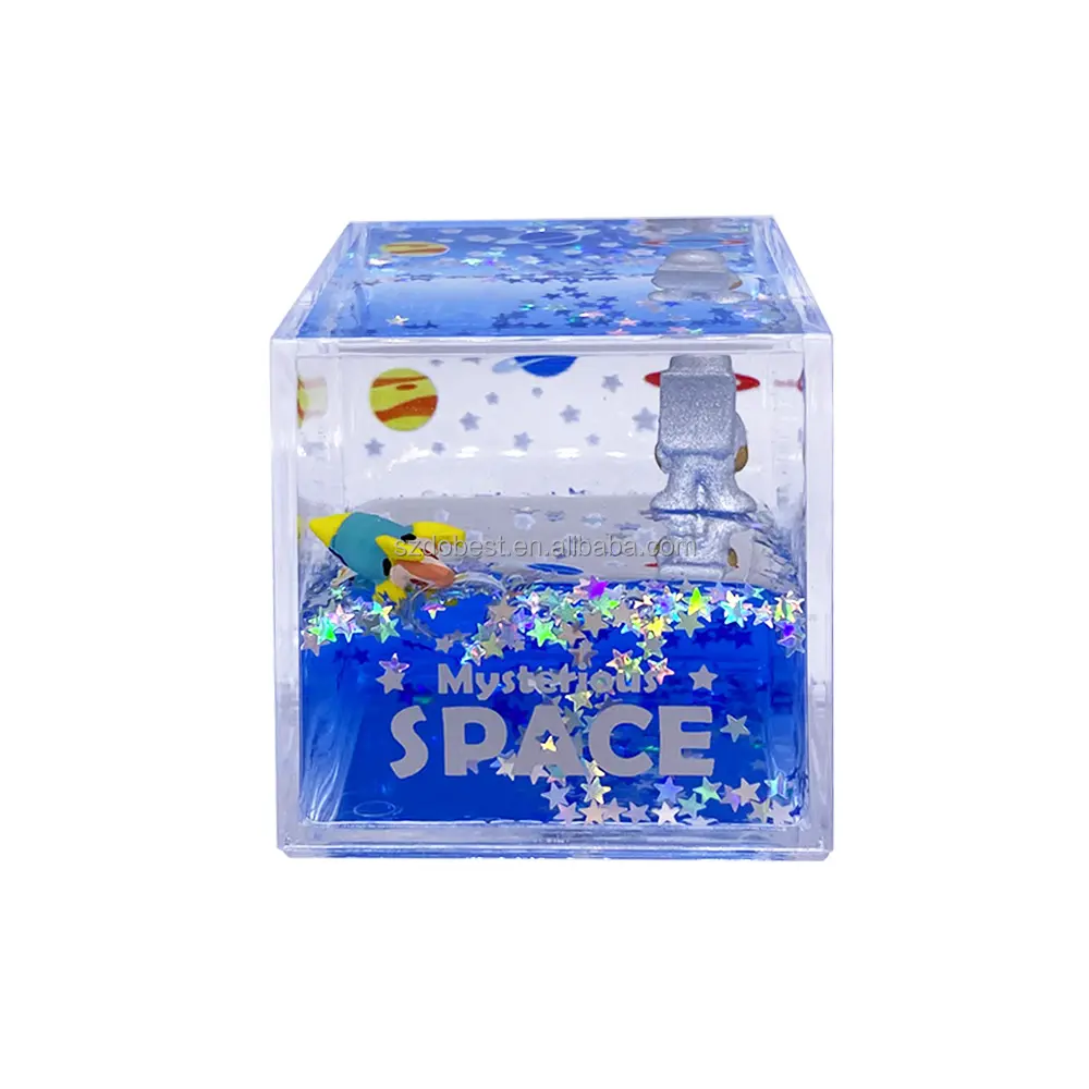 Vloeibare Blue Sparkle Clear Custom Vierkante Cube Resin Floater Acryl Presse-papier