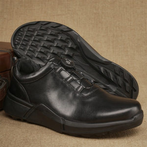 Chaussures décontractées pour hommes en cuir véritable noir, bout rond, semelle en caoutchouc, fermeture à bouton, antidérapantes, toutes saisons - Product Image 1