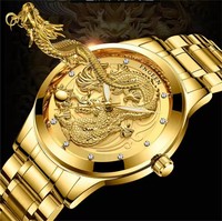 FNGEEN S666L Montre À Quartz Diamant Cadran En Acier Inoxydable Horloge Mâle Hommes Montre De Luxe Chinois Dragon Doré Relogio Masculin Montre