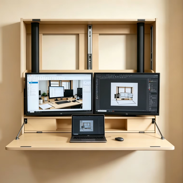 Space Saving Home Workstation Fit Two 27in Extra Wide Wall Mount Electric Sit-Stand Murphy Desk Dual Monitor Fold Out Office OEM