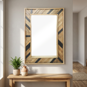 Handcrafted Mango Wood <b>Framed</b> Wall Mirror Natural Honey Brown Black Inlay Geometric Design Mid Century Modern Eco-friendly <b>Large</b> - Product Image 3