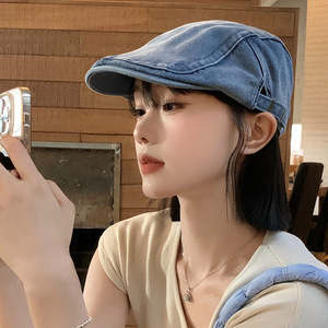 Retro Washed Denim Beret Medium Blue Breathable Embroidery Letter Pattern Female Adult Ivy Hat - Product Image 1