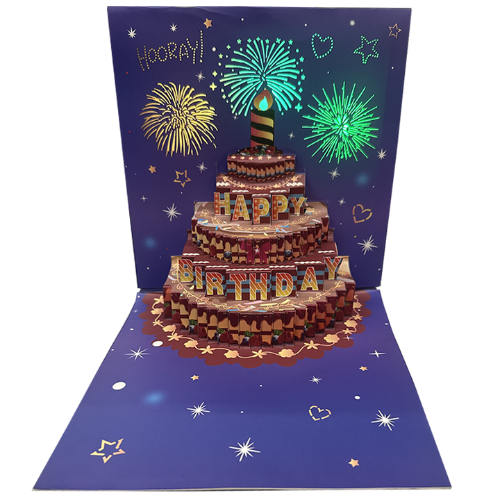 New Arrival Paper Crafts Square Blue 3D Pop up Birthday Cake with Flashing Firework Light Music ...