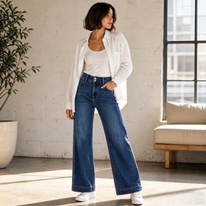 <span class=keywords><strong>Jeans</strong></span> de mezclilla de tiro alto con control de abdomen, pierna ancha recta, corte <span class=keywords><strong>Mom</strong></span> Fit, venta al por mayor de fábrica OEM - Product Image 3