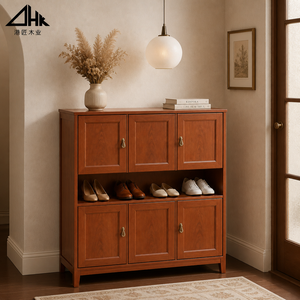 Mueble <span class=keywords><strong>Zapatero</strong></span> Bajo de Madera de <span class=keywords><strong>Cerezo</strong></span> con 6 Puertas y Estante Central Abierto, Tiradores de Latón en Forma de Lágrima, <span class=keywords><strong>Armario</strong></span> de Almacenamiento para Entrada - Product Image 2