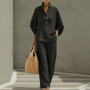Ensemble décontracté pour femmes, pull à boutons uni ample, pantalon large, tailles SMLXLXXLXXXL, bleu ciel - Product Image 3