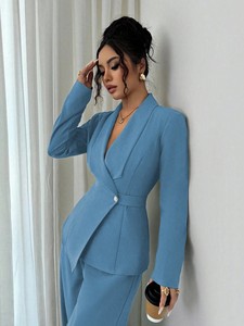 Completo Casual da <span class=keywords><strong>Donna</strong></span> Primaverile e Autunnale in Stile Europeo e Americano, Blazer Lungo con Scollo a V e <span class=keywords><strong>Pantaloni</strong></span> a Gamba Larga in Tinta Unita - Product Image 2