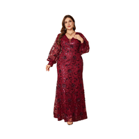 Robes de soirée de fête pour femmes grandes tailles, imprimé aléatoire, couleur bordeaux, col en V, manches longues lanternes, broderie de paillettes, taille cintrée, ourlet sirène