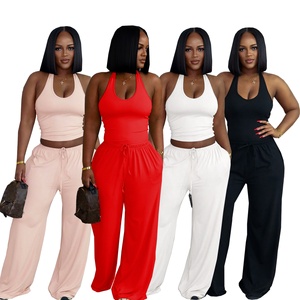 TW839 2026 Nuevo Conjunto de Dos Piezas de Verano para <span class=keywords><strong>Mujer</strong></span>, Top Halter Sexy y Pantalones Anchos de Cintura Alta con Bolsillos, Talla Grande 2XL - Product Image 1