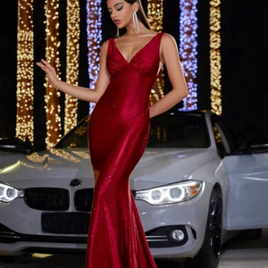 Abiti da sera lunghi di lusso D & M <span class=keywords><strong>con</strong></span> collo a V <span class=keywords><strong>in</strong></span> <span class=keywords><strong>raso</strong></span> rosso senza <span class=keywords><strong>spacco</strong></span> <span class=keywords><strong>lungo</strong></span> <span class=keywords><strong>lungo</strong></span> pavimento nuovo elegante <span class=keywords><strong>abito</strong></span> da sposa da donna per festa - Product Image 3