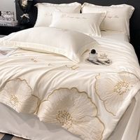 Parure de lit 4 pièces en soie glacée lisse style européen, broderie florale douce pour la peau, ensemble couette et draps, cadeau