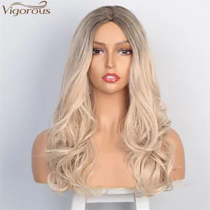 Vigorous Ombre Blonde Wig Long Wavy Synthetic Wigs for Women Brown Gray White Black Red Wig Glueless Hair Can be Cosplay