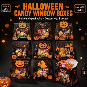 Cajas de Dulces Personalizadas para Halloween con Ventana, Caja Negra y Naranja con Diseño de Calabaza, Murciélago y Araña, OEM ODM, Paquete Múltiple al por Mayor - Product Image 2
