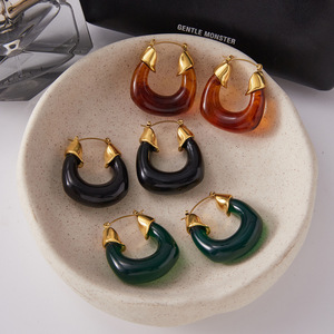 Hoop <b>Earrings</b> Resin Stainless Steel Geometric Design For Women Fashion Jewelry Black <b>Green</b> Brown Color Options - Product Image 4