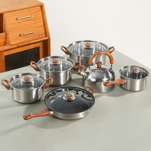 Directo de fábrica, juego de utensilios de cocina de 12 piezas, acero inoxidable con mango de grano de madera, diseño clásico, olla para sopa, olla para leche, tetera, sartén - Product Image 1